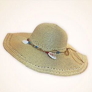 Floppy Wide Brim Straw Seashell Accent Straw Hat